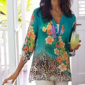 Soft Surroundings Tropical Breeze Floral Sheer Tunic Top Size Small